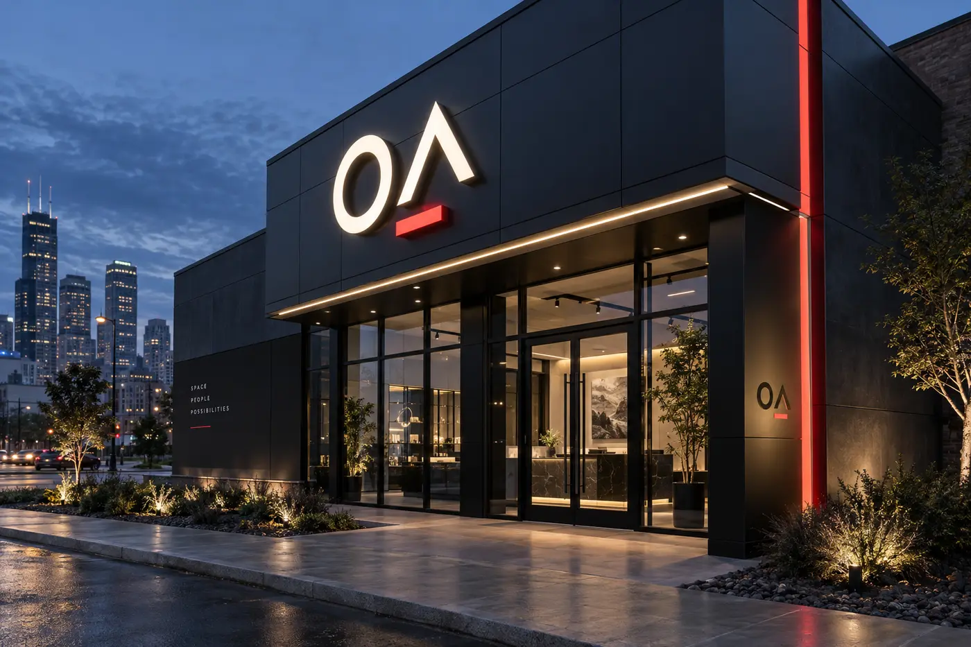 Fachada comercial en ACM con letras de canal iluminadas