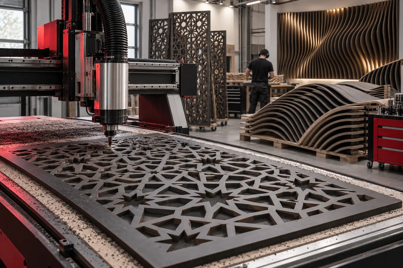 CNC cortando una celosía junto a módulos para un muro paramétrico